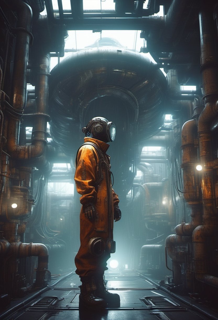 In a dimly lit,  rust-tinged submarine,  a futuristic mechanic stands alone by Kariosutoro on Tensor.Art
