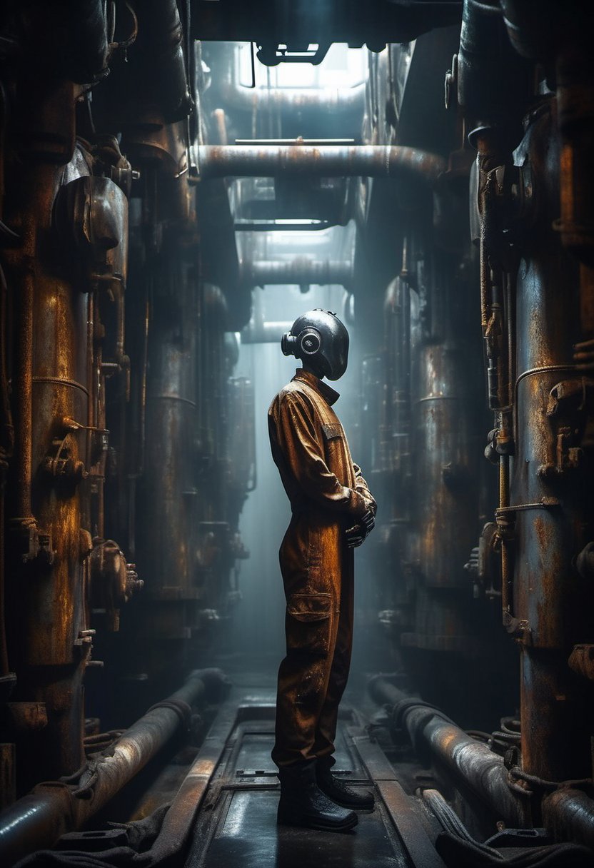 A hauntingly beautiful scene unfolds within the rusty-hued submarine,  where a sleek mechanic stands surrounded by dimly l...