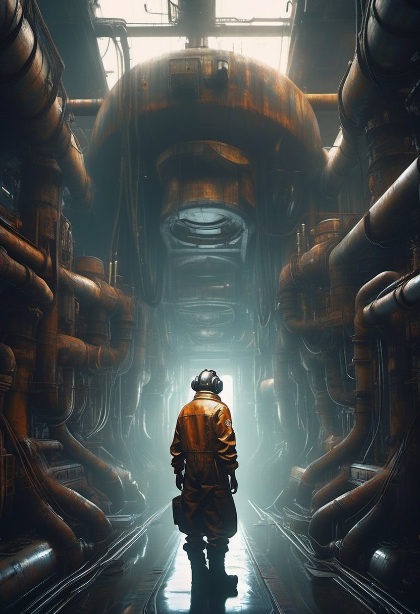 In a dimly lit,  rust-tinged submarine,  a futuristic mechanic stands alone by Kariosutoro on Tensor.Art