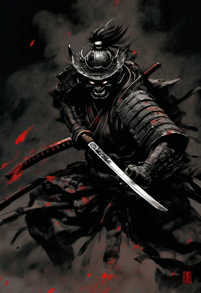 Score 9, Source Manga, (2 page manga) (Japanese samurai in Japanese armour engaged in slashing combat in the dark), Excellent image quality, Exquisite detail, Charcoal drawing, Charcoal, Popular Japanese action manga, Ink painting, Holding a sword, Swinging a sword down, Black aura, Glowing eyes, Demon mask, Cold air coming from mouth