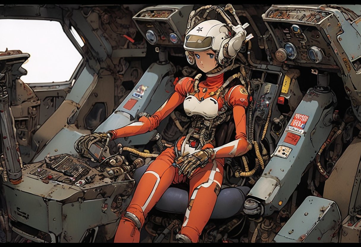 A girl in a skin-tight plug suit ((holding the control lever)) pilots a robot cockpit resembling an F1 kart, made of valves, pipes, cables and graphics cards. Sharp, detailed, cinematic, epic, detailed, messy, cluttered. <Maschinen Krieger ZbV3000. (Artworks Mechanical design by Hiroshi Yokoyama)In military colors and with distressed finish.> CXL-Mech., ct-nijireal,gundamwingcockpit,diorama