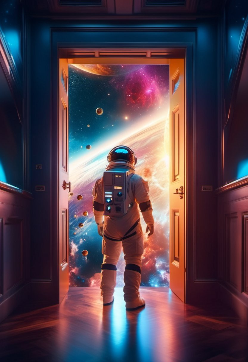 Cinematic Photography Wide-angle digital painting, (Room behind full-body interior door leading to cosmic heaven: 1.3), Dynamic composition, Glowing celestial lights, (Epic cinematic shot: 1.2), Characters in space suits, Floating spheres, (Vivid space colors: 1.2), Ethereal atmosphere, Starry sky and nebulae, Enhanced clarity, Exquisite details, Trending on ArtStation. 35mm photography, film, bokeh, professional, 4k, highly detailed