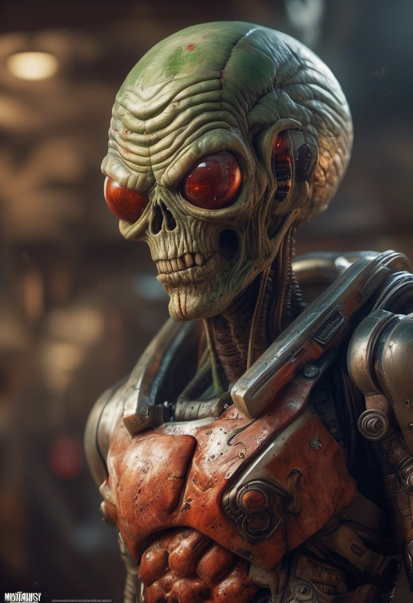 Mars Attacks! concept art: A dramatic, photorealistic full-body design of a Martian warrior, rendered in exquisite detail. Oblique angle shot captures the subject's imposing presence, with sharp focus on its sharp, angular features. Anatomy is meticulous, with intricate textures and shading. Trending artwork on ArtStation and CGSociety. Greg Rutkowski's signature style blends seamlessly with Midjourney's photorealistic mastery.