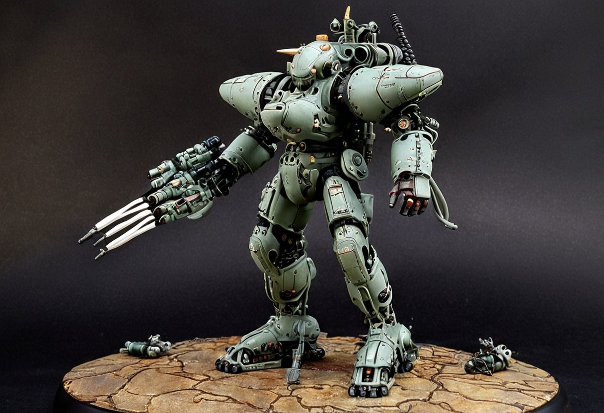 Inspired by Mebius and Makoto Kobayashi's hyper weapon designs, the futuristic mechanics stand alone in sleek, Maschinen Krieger ZbV3000. (Artworks Mechanical design by Hiroshi Yokoyama)In military colors and with distressed finish. Equipped with large weapons taken from an air raid diorama. Cables, sharp, cinematic, epic scale, detailed, messy, fire, smoke, CXL-Mech, legendary dark fantasy, Katsuhiro Otomo's manga "Farewell to Weapons"