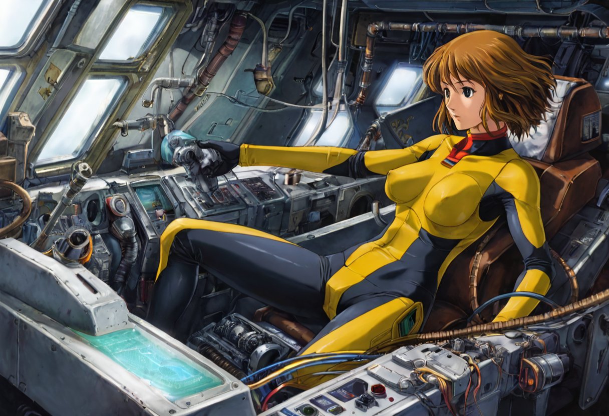 A girl in a skin-tight plug suit yells (grabbing the control lever) as she pilots a robot cockpit of valves, pipes, cables, holograms and displays. Sharp, detailed, cinematic, epic, detailed, messy, cluttered. CXL-Mech., Gundam Wing Cockpit