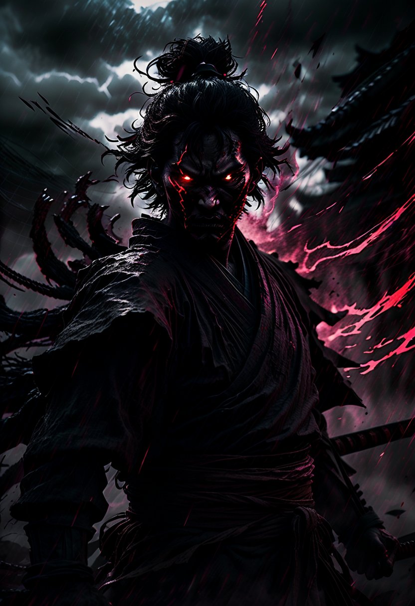 A dark and eerie anime protagonist unleashing a powerful cursed or psychic ultimate attack. The character is in a dramatic, imposing pose, channeling intense dark energy or supernatural forces. The scene is set in a nightmarish, distorted environment, reflecting the protagonist’s inner turmoil. The ultimate attack appears as chaotic, swirling dark energy, eldritch shapes, or a menacing shadowy vortex.

Camera Work and Visual Effects:

	1.	Heavy Visual Distortion: Apply intense visual distortions and static noise, with a prominent film grain effect to mimic a deteriorated film reel. Include flickering, horizontal lines, and occasional color shifts to create an unsettling atmosphere.
	2.	Glitch and Interference Effects: Incorporate strong glitch effects, such as screen tearing, pixelation, and signal interference, to enhance the sense of disorientation and horror.
	3.	Dynamic Angles: Use extreme, disorienting camera angles like skewed perspectives, tilted shots, or quick, erratic movements to heighten the sense of dread.
	4.	Close-ups with Static: Focus on extreme close-ups of the protagonist’s face or the dark energy, with added static, visual glitches, and distortion to intensify the psychological impact.
	5.	Gloomy and Flickering Lighting: Use very dim, almost monochromatic lighting with rapid flickers and erratic shadows to evoke a horror movie aesthetic. Add occasional bursts of intense light to emphasize key moments of the attack. samurai, warrior