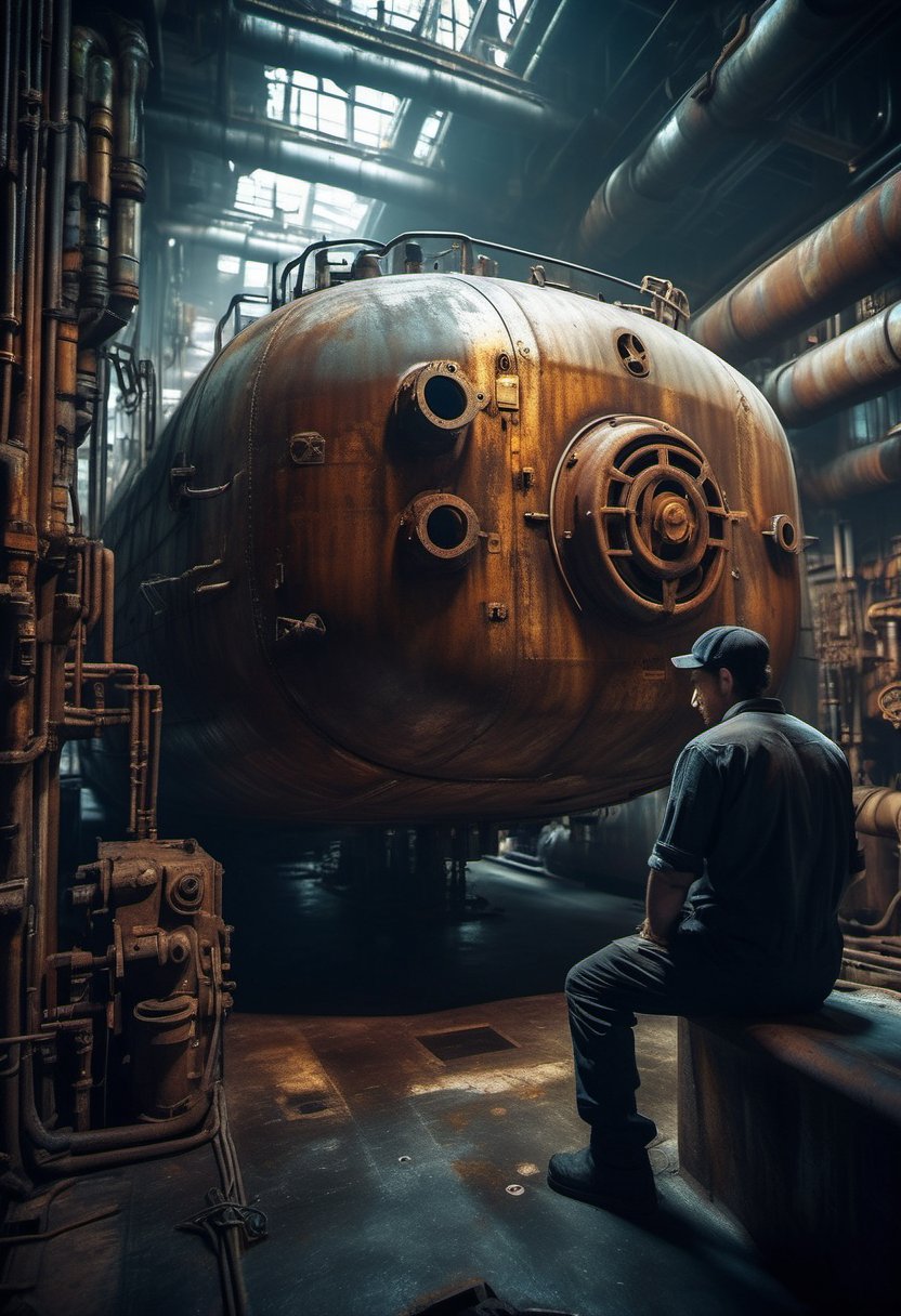 A dimly lit submarine's metallic hull dominates the frame,  rust-tinged hues evoking an air of industrial decay. The lone...