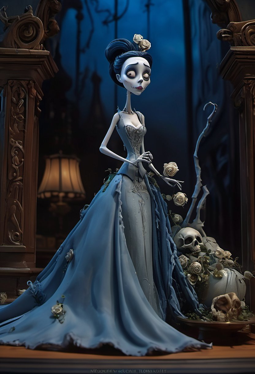 (Design: Tim Burton. Artwork based on concept art full body design of theme (Tim Burton's Corpse Bride) Oblique angle shot, Anatomy, Trending on ArtStation, Trending on CGSociety, Exquisite, High resolution, Sharp focus, Dramatic, Photorealistic painting art by Midjourney and Greg Rutkowski, LegendDarkFantas, 