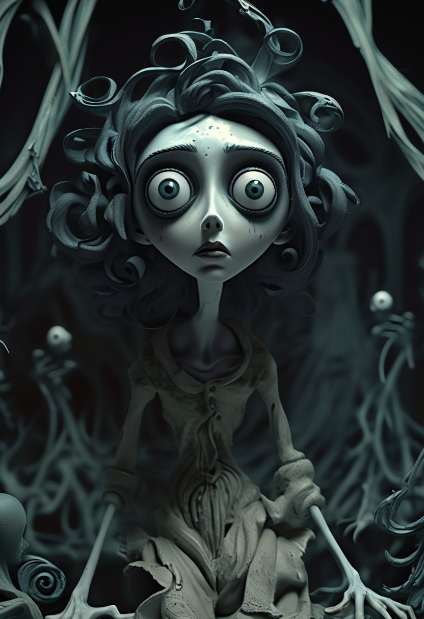 (Design: Tim Burton. Artwork based on full-body design of concept art for the theme (Tim Burton's Corpse Bride) Oblique angle shot, Anatomy, Trending on ArtStation, Trending on CGSociety, Exquisite, High Resolution, Sharp Focus, Dramatic, Photorealistic painting art by Midjourney and Greg Rutkowski, LegendDarkFantas, Characters take dramatic and striking poses and scenes are set in nightmarish, distorted environments to reflect the protagonist's inner turmoil. Camerawork and Visual Effects: 1. Intense Visual Distortion: Apply intense visual distortion and static noise with noticeable film grain effects to mimic deteriorated film reels. Incorporate flickering, horizon lines and occasional color shifts to create an unsettling atmosphere. 2. Glitch and Interference Effects: Incorporate strong glitch effects such as screen tearing, pixelation and signal interference to intensify the sense of disorientation and fear. 3. Dynamic Angles: Use extreme and disorienting camera angles such as distorted perspectives, canted shots, and fast, erratic movements to heighten the sense of fear. 4. Static Close-ups: Focus on extreme close-ups of the protagonist's face or dark energy, adding static, visual glitches, and distortions to intensify the psychological impact. 5. Dark Flickering Lighting: Use very dim, mostly monochromatic lighting with the addition of fast flickering and erratic shadows to create a sense of dread.,crafted ceramic