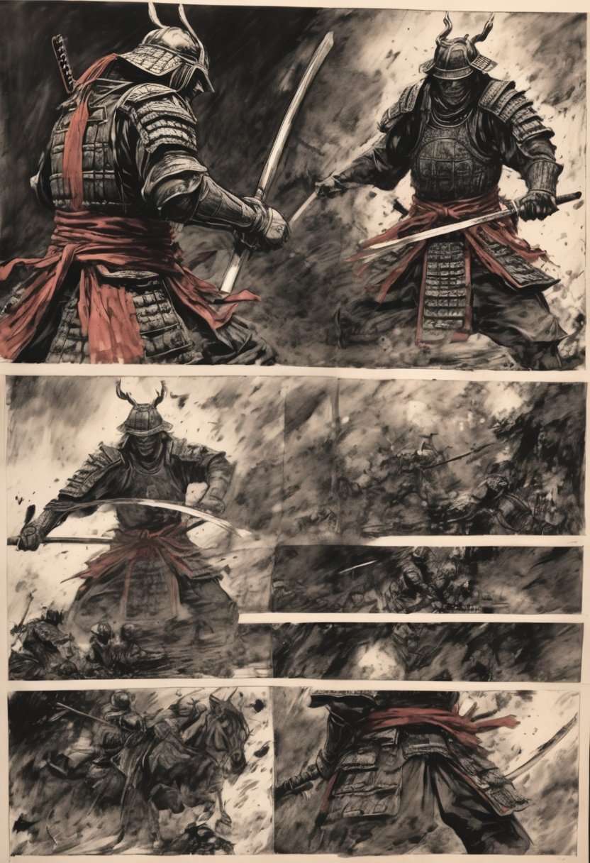 score_9, source_manga, (2 page comic) (Japanese samurai wearing Japanese armor launch a decapitation battle from the darkness), Bande Dessinée story transfer, full color, excellent picture quality, exquisite details,charcoal drawing,charcoal \(medium\)