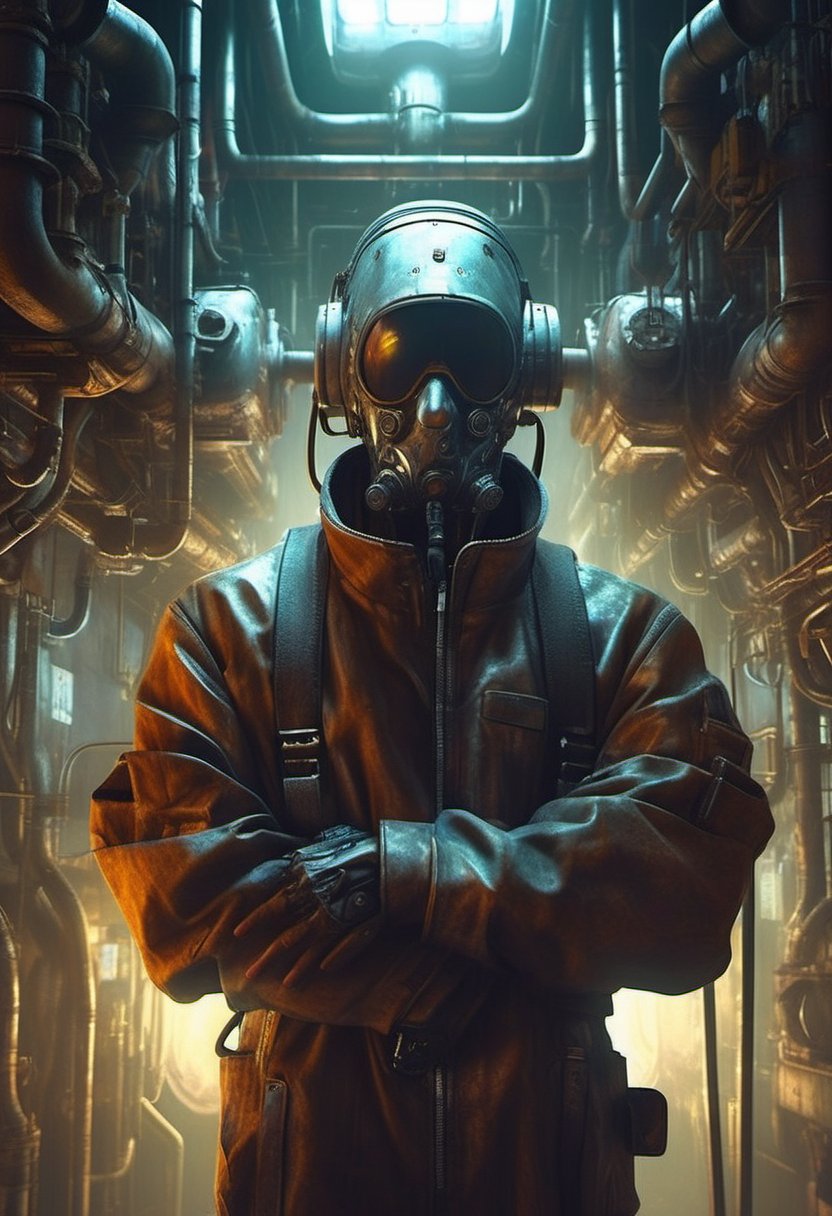 In a dimly lit,  rust-tinged submarine,  a futuristic mechanic stands alone by Kariosutoro on Tensor.Art