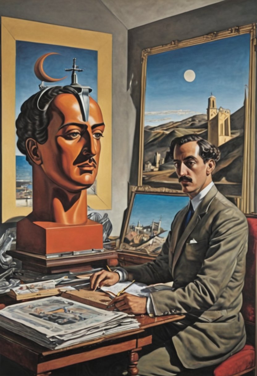  (80s poster) Giorgio de Chirico and Heinz Edelmann, Art Station, Full Color, Salvador Dali style