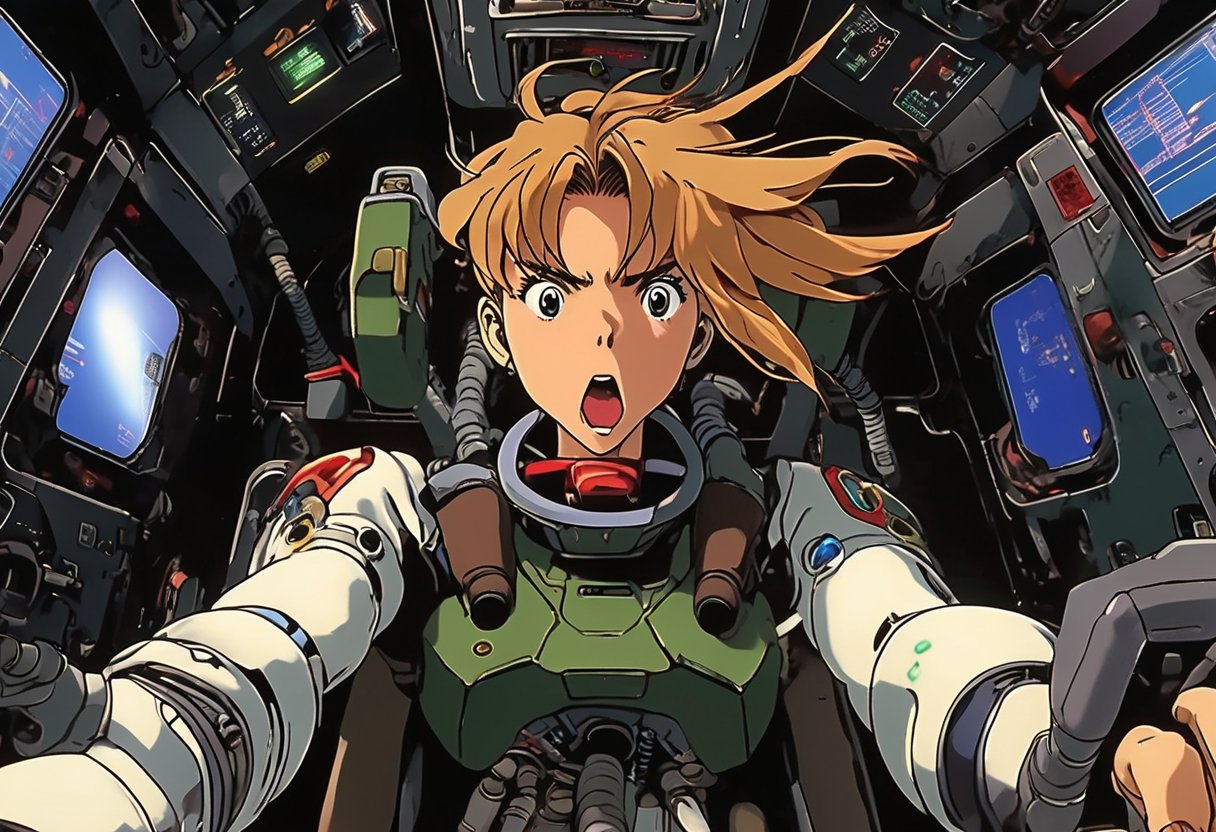 A girl in a skin-tight plug suit yells (grabbing the control lever) as she pilots a robot cockpit of valves, pipes, cables, holograms and displays. Sharp, detailed, cinematic, epic, detailed, messy, cluttered. CXL-Mech., Gundam Wing Cockpit