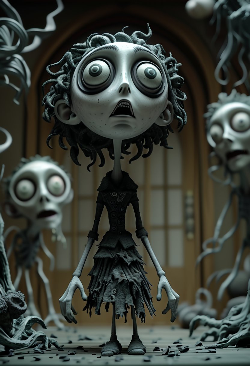 (Design: Tim Burton. Artwork based on concept art full body design of theme (Tim Burton's Corpse Bride) Oblique angle shot, Anatomy, Trending on ArtStation, Trending on CGSociety, Exquisite, High resolution, Sharp focus, Dramatic, Photorealistic painting art by Midjourney and Greg Rutkowski, LegendDarkFantas, A dark and eerie anime protagonist unleashing a powerful cursed or psychic ultimate attack. The character is in a dramatic, imposing pose, channeling intense dark energy or supernatural forces. The scene is set in a nightmarish, distorted environment, reflecting the protagonist’s inner turmoil. The ultimate attack appears as chaotic, swirling dark energy, eldritch shapes, or a menacing shadowy vortex. Camera Work and Visual Effects: 1. Heavy Visual Distortion: Apply intense visual distortions and static noise, with a prominent film grain effect to mimic a deteriorated film reel. Include flickering, horizontal lines, and occasional color shifts to create an unsettling atmosphere. 2. Glitch and Interference Effects: Incorporate strong glitch effects, such as screen tearing, pixelation, and signal interference, to enhance the sense of disorientation and horror. 3. Dynamic Angles: Use extreme, disorienting camera angles like skewed perspectives, tilted shots, or quick, erratic movements to heighten the sense of dread. 4. Close-ups with Static: Focus on extreme close-ups of the protagonist’s face or the dark energy, with added static, visual glitches, and distortion to intensify the psychological impact. 5. Gloomy and Flickering Lighting: Use very dim, almost monochromatic lighting with rapid flickers and erratic shadows to evoke a horror movie aesthetic. Add occasional bursts of intense light to emphasize key moments of the attack, 