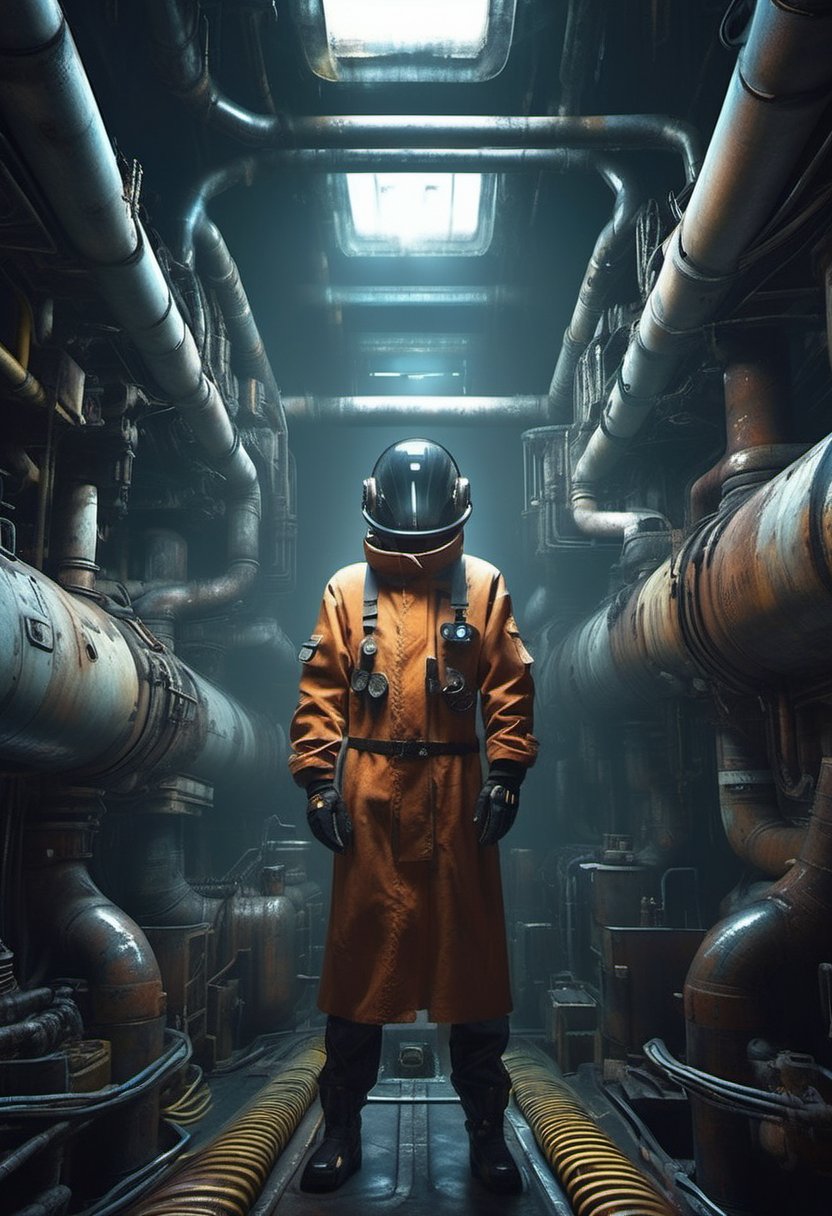 In a dimly lit,  rust-tinged submarine,  a futuristic mechanic stands alone by Kariosutoro on Tensor.Art