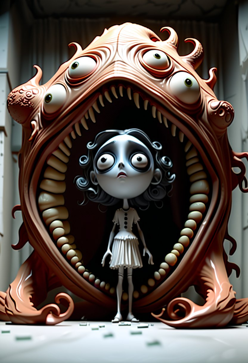 (Design: Tim Burton. Artwork based on full-body design of concept art for the theme (Tim Burton's Corpse Bride) Oblique angle shot, Anatomy, Trending on ArtStation, Trending on CGSociety, Exquisite, High Resolution, Sharp Focus, Dramatic, Photorealistic painting art by Midjourney and Greg Rutkowski, LegendDarkFantas, Characters take dramatic and striking poses and scenes are set in nightmarish, distorted environments to reflect the protagonist's inner turmoil. Camerawork and Visual Effects: 1. Intense Visual Distortion: Apply intense visual distortion and static noise with noticeable film grain effects to mimic deteriorated film reels. Incorporate flickering, horizon lines and occasional color shifts to create an unsettling atmosphere. 2. Glitch and Interference Effects: Incorporate strong glitch effects such as screen tearing, pixelation and signal interference to intensify the sense of disorientation and fear. 3. Dynamic Angles: Use extreme and disorienting camera angles such as distorted perspectives, canted shots, and fast, erratic movements to heighten the sense of fear. 4. Static Close-ups: Focus on extreme close-ups of the protagonist's face or dark energy, adding static, visual glitches, and distortions to intensify the psychological impact. 5. Dark Flickering Lighting: Use very dim, mostly monochromatic lighting with the addition of fast flickering and erratic shadows to create a sense of dread.,crafted ceramic