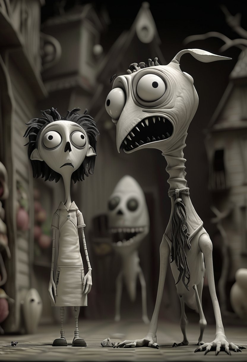 (Design: Tim Burton. Artwork based on concept art full body design of theme (Frankenweenie) Oblique angle shot, Anatomy, Trending on ArtStation, Trending on CGSociety, Exquisite, High resolution, Sharp focus, Dramatic, Photorealistic painting art by Midjourney and Greg Rutkowski, LegendDarkFantas, 