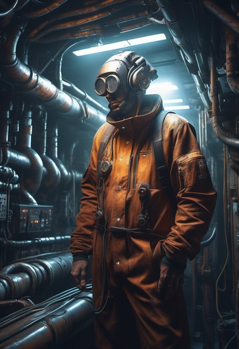 In a dimly lit,  rust-tinged submarine,  a futuristic mechanic stands alone by Kariosutoro on Tensor.Art