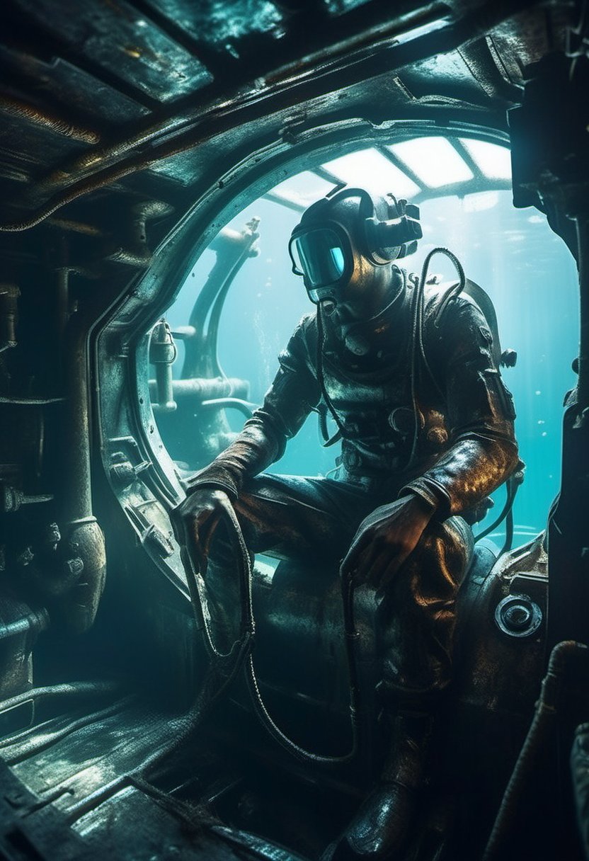 Underwater,  within a rusty-hued submarine,  a monochromatic scene unfolds. A sleek by Kariosutoro on Tensor.Art