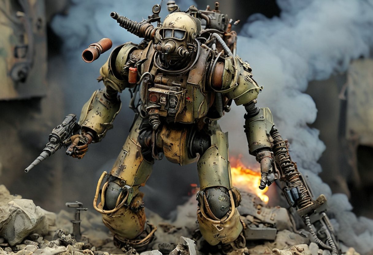 Maschinen Krieger ZbV3000. In military colors and with distressed finish. Equipped with large weapons taken from an air raid diorama. Cables, sharp, cinematic, epic scale, detailed, messy, fire, smoke, CXL-Mech, legendary dark fantasy, ct-nijireal