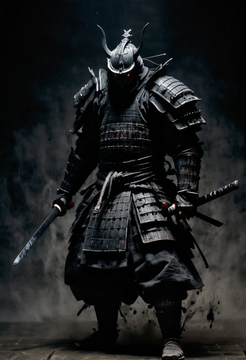 In a dimly lit, eerie atmosphere, a Japanese samurai clad in imposing armor stands poised, swinging his sword downward with precision and intensity. Charcoal lines define the contours of his helmeted face, where a demon's mask glows with an otherworldly energy. His eyes burn with an icy blue light, as if fueled by a cold, dark air that issues from his mouth like mist. The surrounding darkness is punctuated only by the faint glow of charcoal and ink, casting an ominous tone over the brutal combat unfolding on the pages of this acclaimed Japanese action manga.