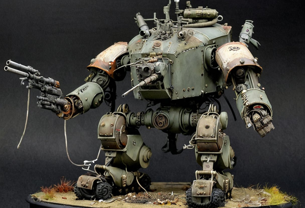 Maschinen Krieger ZbV3000. In military colors and with distressed finish. Equipped with large weapons taken from an air raid diorama. Cables, sharp, cinematic, epic scale, detailed, messy, fire, smoke, CXL-Mech, legendary dark fantasy