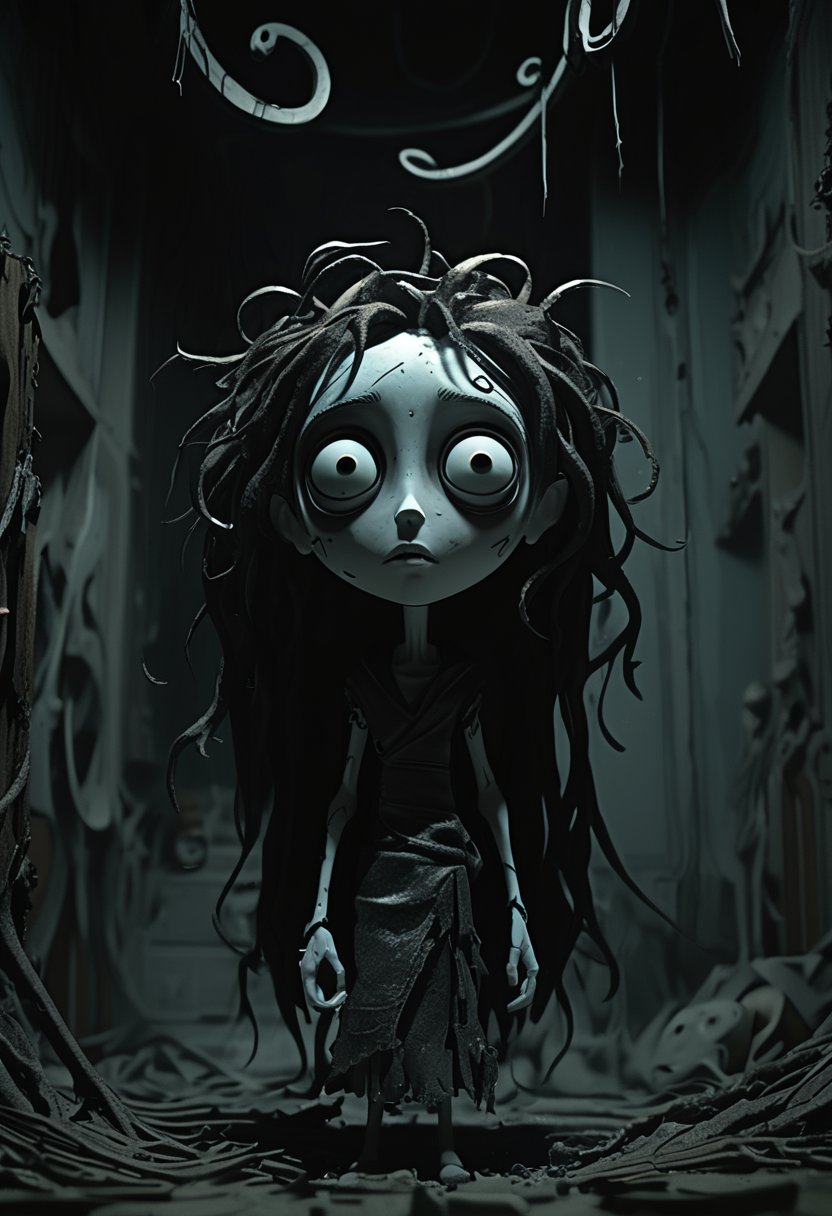 (Design: Tim Burton. Artwork based on concept art full body design of theme (Tim Burton's Corpse Bride) Oblique angle shot, Anatomy, Trending on ArtStation, Trending on CGSociety, Exquisite, High resolution, Sharp focus, Dramatic, Photorealistic painting art by Midjourney and Greg Rutkowski, LegendDarkFantas, A dark and eerie anime protagonist unleashing a powerful cursed or psychic ultimate attack. The character is in a dramatic, imposing pose, channeling intense dark energy or supernatural forces. The scene is set in a nightmarish, distorted environment, reflecting the protagonist’s inner turmoil. The ultimate attack appears as chaotic, swirling dark energy, eldritch shapes, or a menacing shadowy vortex. Camera Work and Visual Effects: 1. Heavy Visual Distortion: Apply intense visual distortions and static noise, with a prominent film grain effect to mimic a deteriorated film reel. Include flickering, horizontal lines, and occasional color shifts to create an unsettling atmosphere. 2. Glitch and Interference Effects: Incorporate strong glitch effects, such as screen tearing, pixelation, and signal interference, to enhance the sense of disorientation and horror. 3. Dynamic Angles: Use extreme, disorienting camera angles like skewed perspectives, tilted shots, or quick, erratic movements to heighten the sense of dread. 4. Close-ups with Static: Focus on extreme close-ups of the protagonist’s face or the dark energy, with added static, visual glitches, and distortion to intensify the psychological impact. 5. Gloomy and Flickering Lighting: Use very dim, almost monochromatic lighting with rapid flickers and erratic shadows to evoke a horror movie aesthetic. Add occasional bursts of intense light to emphasize key moments of the attack. samurai, warrior, glitching