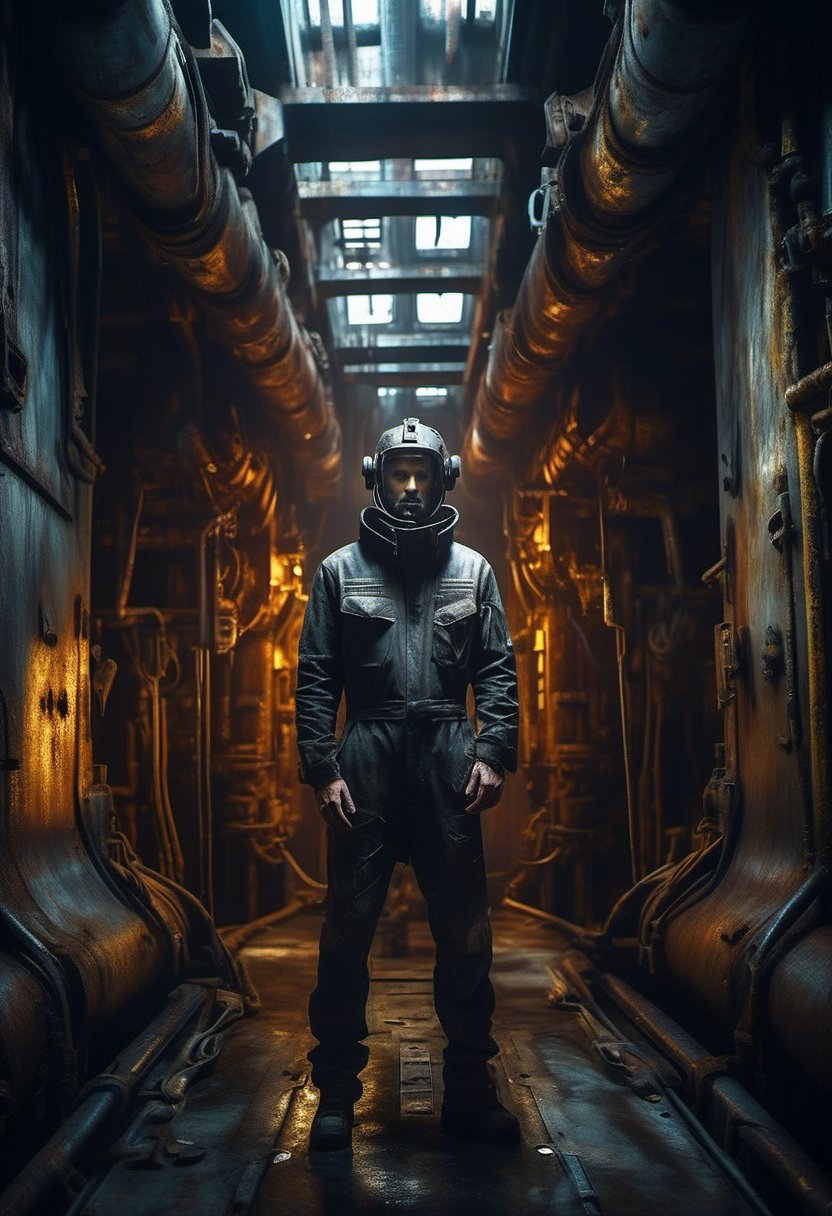 A hauntingly beautiful scene unfolds within the rusty-hued submarine,  where a sleek mechanic stands surrounded by dimly l...