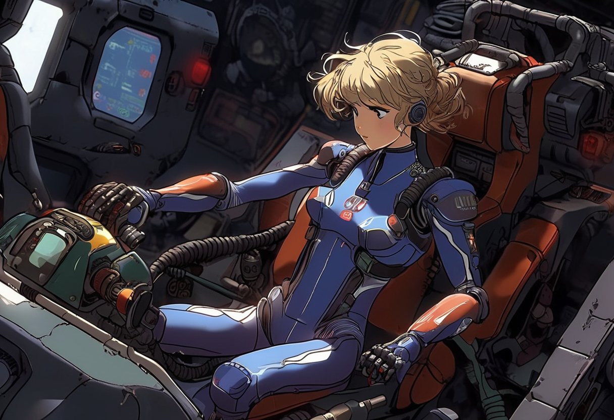 A girl in a skin-tight plug suit ((holding the control lever)) pilots a robot cockpit resembling an F1 kart, made of valves, pipes, cables and graphics cards. Sharp, detailed, cinematic, epic, detailed, messy, cluttered. <> CXL-Mech., ct-nijireal,gundamwingcockpit