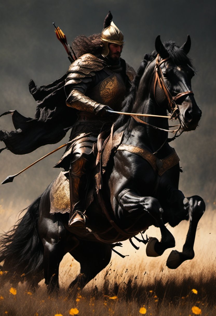 A majestic medieval archer sits atop a stallion, supple leather armor glistening in sun-drenched meadow, quiver slung over shoulder. Notched bow held taut, gaze fixed on rolling hills as golden dust swirls around. Windswept hair flows behind like river of night, single gold-edged black rose petals at feet. Framing shot: low-angle, archer centered, stallion's mane flowing in front. Lighting: warm sunlight casting long shadows. Composition: leading lines from stallion to archer, diagonal pose emphasizing strength. Action: bow notched, ready to fire. Location: sun-kissed meadow with distant hills. Subject: medieval archer, majestic black stallion, golden dust. Japan: Archery from horseback