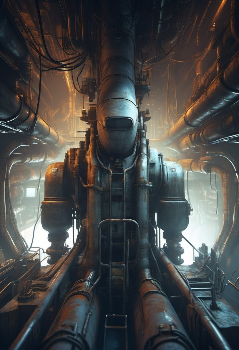 In a dimly lit,  rust-tinged submarine,  a futuristic mechanic stands alone by Kariosutoro on Tensor.Art