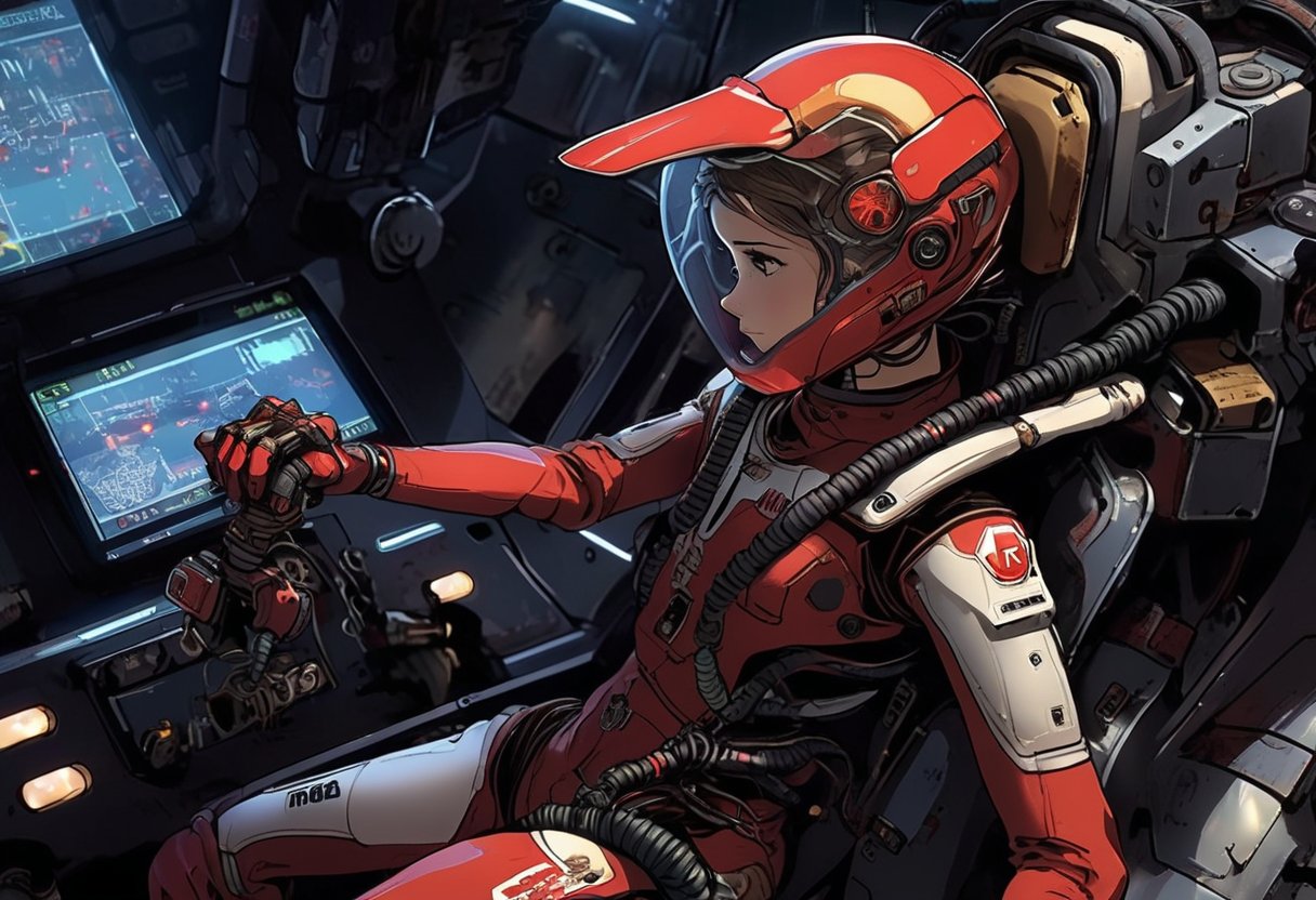 A girl in a skin-tight plug suit ((holding the control lever)) pilots a robot cockpit resembling an F1 kart, made of valves, pipes, cables and graphics cards. Sharp, detailed, cinematic, epic, detailed, messy, cluttered. <> CXL-Mech., ct-nijireal,gundamwingcockpit