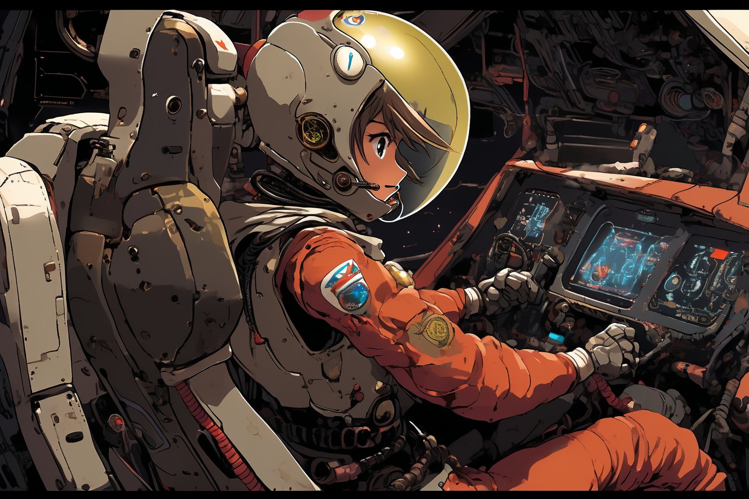 A girl in a skin-tight plug suit ((holding the control lever)) pilots a robot cockpit resembling an F1 kart, made of valves, pipes, cables and graphics cards. Sharp, detailed, cinematic, epic, detailed, messy, cluttered. <Maschinen Krieger ZbV3000. (Artworks Mechanical design by Hiroshi Yokoyama)In military colors and with distressed finish.gundam wing cockpit,