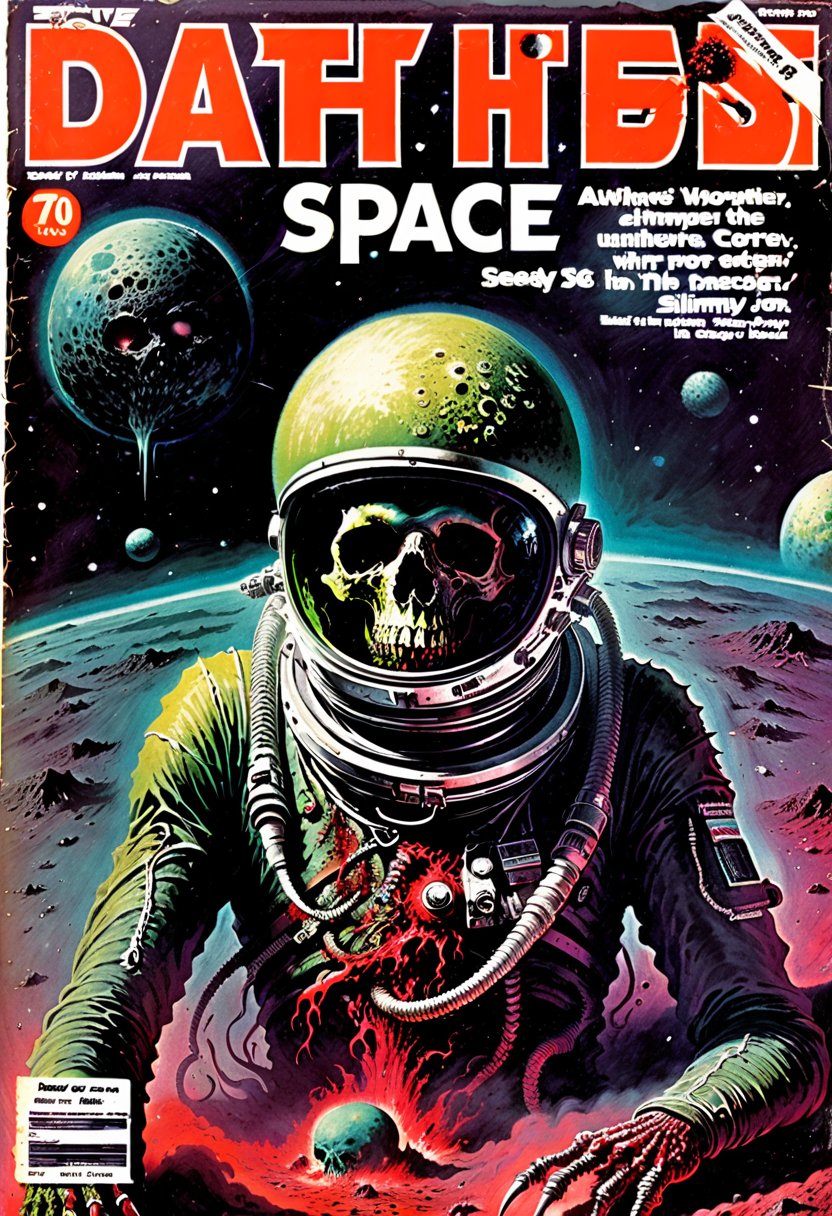 70s magazine cover "Death in Space", gory, seedy, slimy