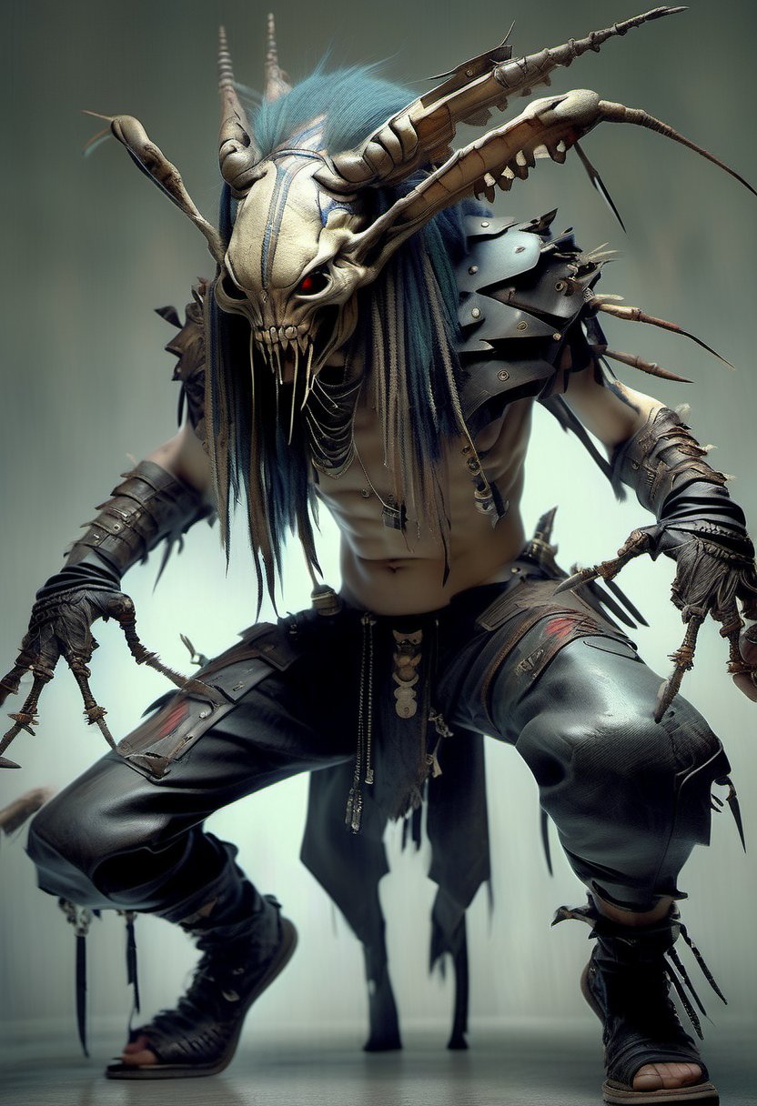  (Design: Yasushi Nirazawa. Artwork based on full-body design of concept art with (Locust) theme, variation) , Punk leather fashion, asymmetrical character, oblique angle shot, anatomy, trending on ArtStation, trending on CGSociety, elaborate, high resolution, sharp focus, dramatic, photorealistic painting art by Midjourney and Greg Rutkowski, LegendDarkFantas
