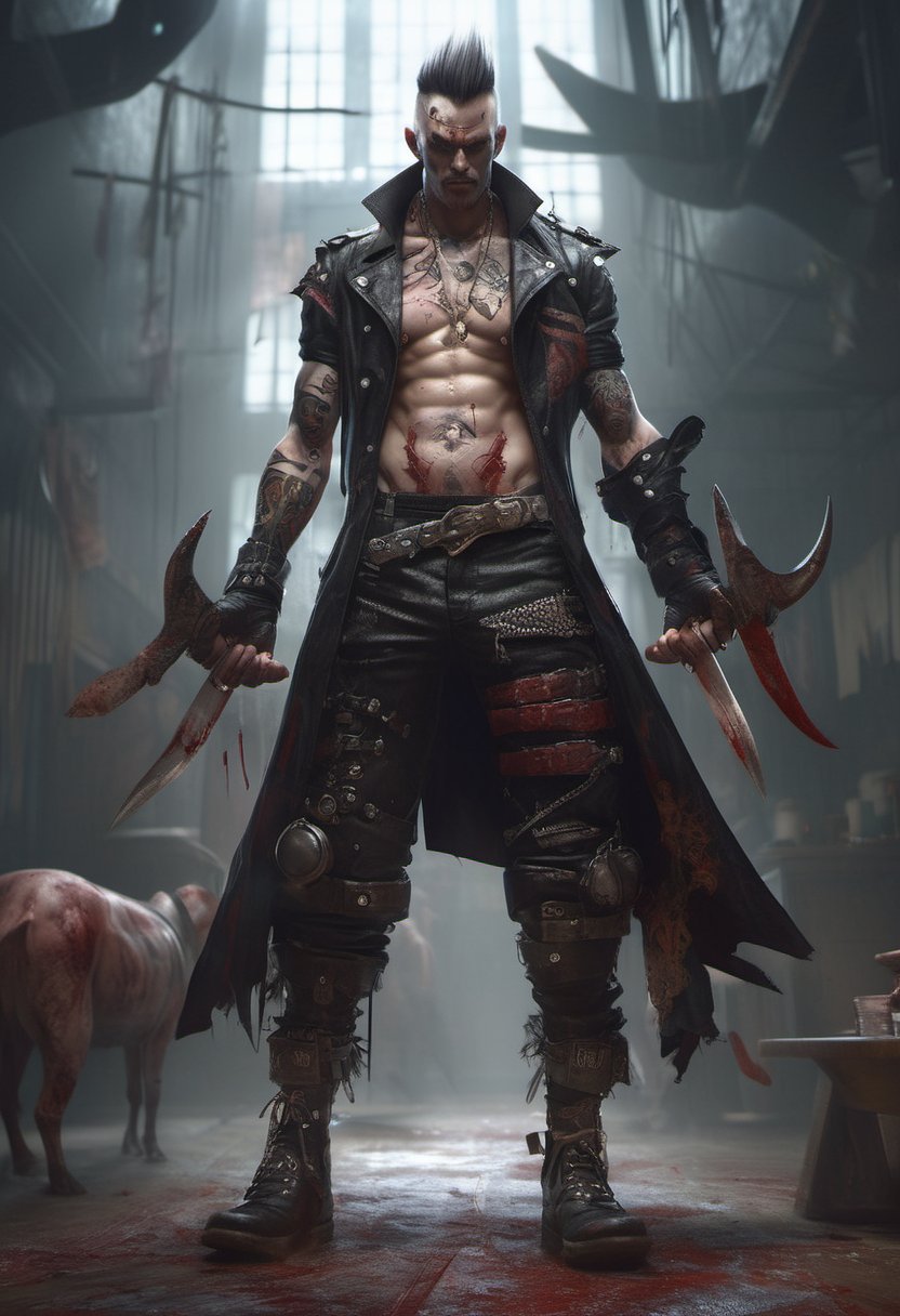 (Design: Yasushi Nirazawa. Artwork based on full-body design of concept art with (Butcher) theme, variation) Punk leather fashion, asymmetrical character, oblique angle shot, anatomy, trending on ArtStation, trending on CGSociety, elaborate, high resolution, sharp focus, dramatic, photorealistic painting art by Midjourney and Greg Rutkowski, LegendDarkFantas