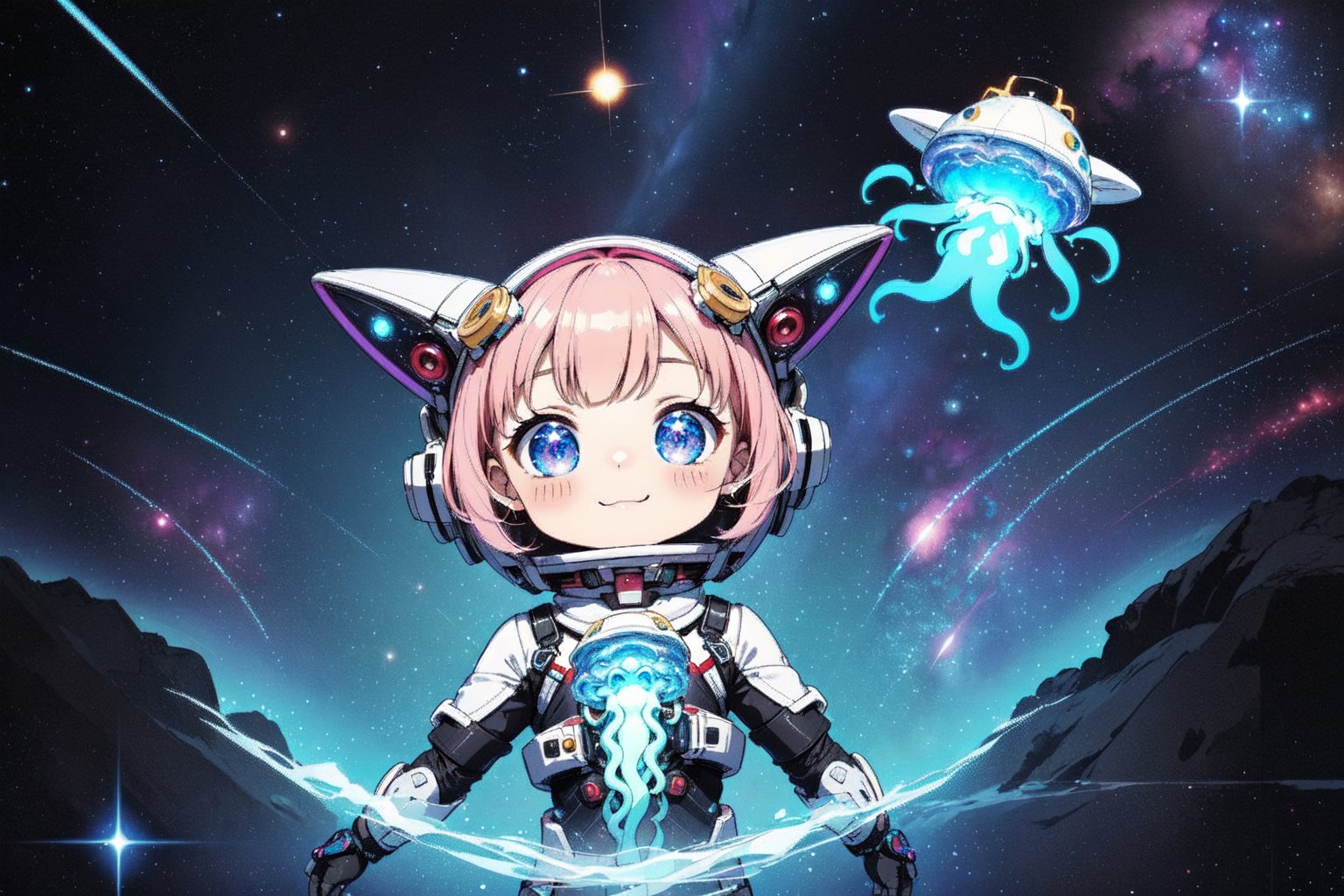  a chibi girl's cosmic adventures! Here's a suggestion for one of the panels in the comic:

Panel Description:

In this panel, our chibi space explorer, with her big, sparkling eyes filled with wonder, is seen floating playfully in the zero-gravity of space. Her attire is a specially designed cosmic suit adorned with whimsical space-themed patterns, making her look even more adorable. She clutches a small, friendly space creature in her arms, resembling a glowing celestial jellyfish with a cute smile.

Surrounding them is a mesmerizing cosmic backdrop, featuring vibrant galaxies, sparkling stars, and colorful nebulae. They float among a field of radiant cosmic dust, giving the scene a magical, ethereal quality.

This panel captures the playful and inquisitive spirit of our chibi space explorer as she forms a delightful connection with the friendly space creature in the vastness of the cosmos.,yaemikodef,Pixel_Art,wrenchfaeflare