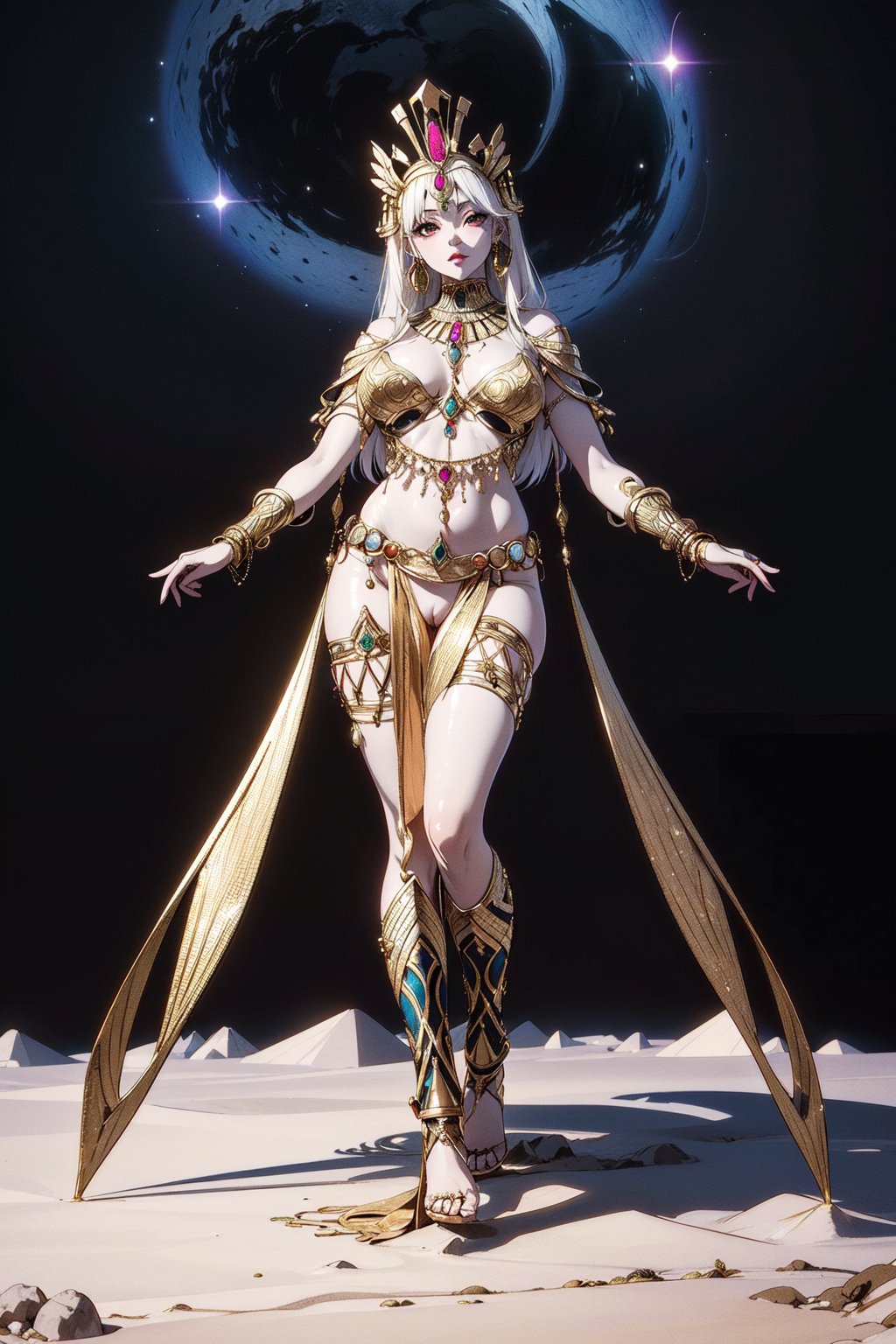 Egyptian style, a person wearing luxurious gold jewelry, wearing a perspective suit, woman, futanari, standing in the void of the universe, high-definition picture quality, full body photo, white skin, white_hair, big cock