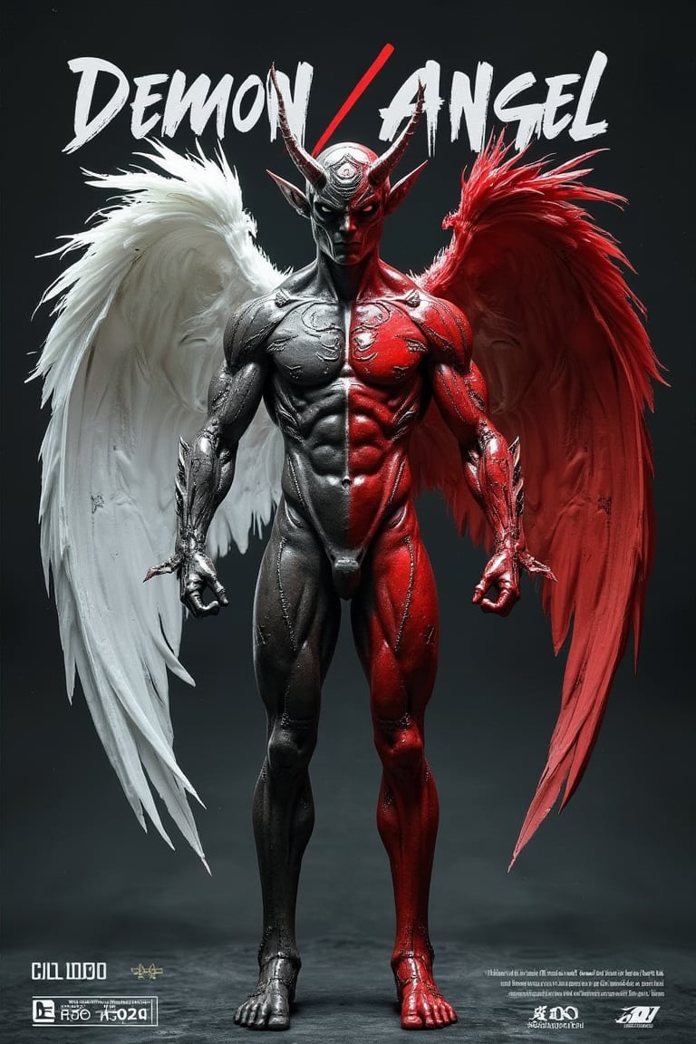 Typography movie poster with the text word “Demon/Angel”. The fantasy figure is a full-body Demon Angel, a muscular male with a split identity. His right side, from head to waist, is in an angelic form with a white feather wing, while his left side is a red demon figure with red bat wings. The character stands and looks straight at the camera. The UHD image ensures sharp and clear details, capturing the intricate design of the subject, with white and black hues.