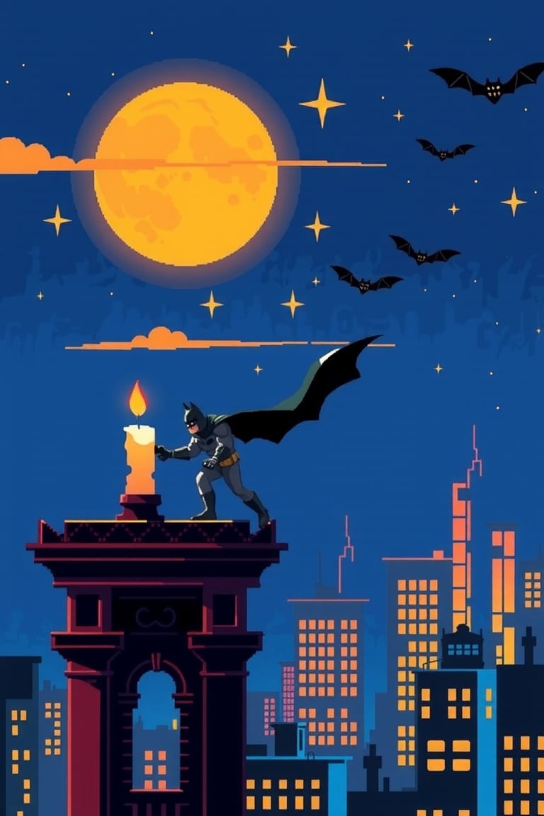 CANDLE,Pixel art style,pixel art design, Batman hold a candle at top a modern tower,look down to the dark city-only fews building light up by a candle from inside,
a crescent moon,stars and bats flying around,blue and yellow hues