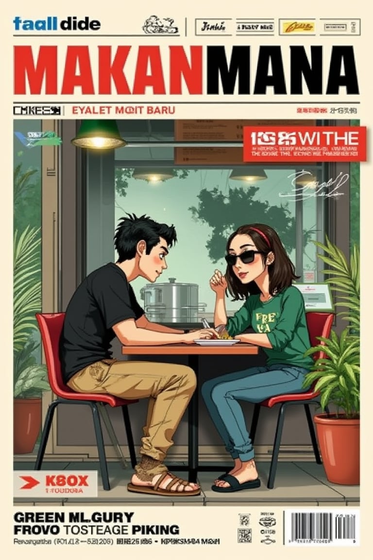 Typography foodie magazine detailed cover “MAKANMANA” featuring a realistic photo of a calm outdoor halal breakfast stall at Kampung Baru, Kuala Lumpur. A real handsome young man in a black t-shirt, khakis cargo pants, and sandals is having breakfast. A drawing of a young beautiful Malay girl in a green shirt, sunglasses, and denim jeans pants, sitting and chatting with the young man, is added in a Japanese anime/manga character style with black outlines and muted color palette. The cinematic lighting style with soft shadows blends the drawing seamlessly into the real-life photo.