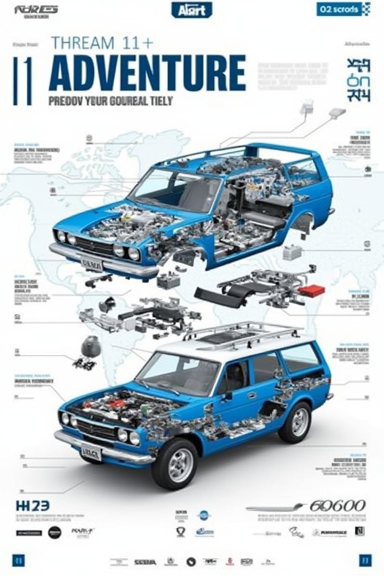 Minimalist typography digital infographic poster with text words “DREAM” and “ADVENTURE”. The main subject is an exploded theme style of a blue and white Datsun 610 wagon, showcasing 5 layers of detailed main parts with labels and information. A world map background complements the design, with sharp focus on the main subject in hyperdetailed UHD image.