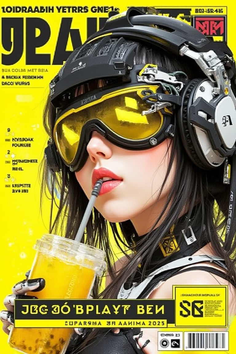 Typography cyberpunk magazine cover with a cyberpunk art theme. The close-up features a Russian girl in a digital anime cyberpunk portrait drawing, with medium-length hair, black-white headphones, and yellow visor sunglasses. Her mecha hand lowers the sunglasses while she drinks a smoothie using a straw in a sexy pose. The magazine title “AnimeMe” and subtitle “Newcomer 2025” are in futuristic fonts. The cover has a yellow background, with hyperrealistic and detailed elements.