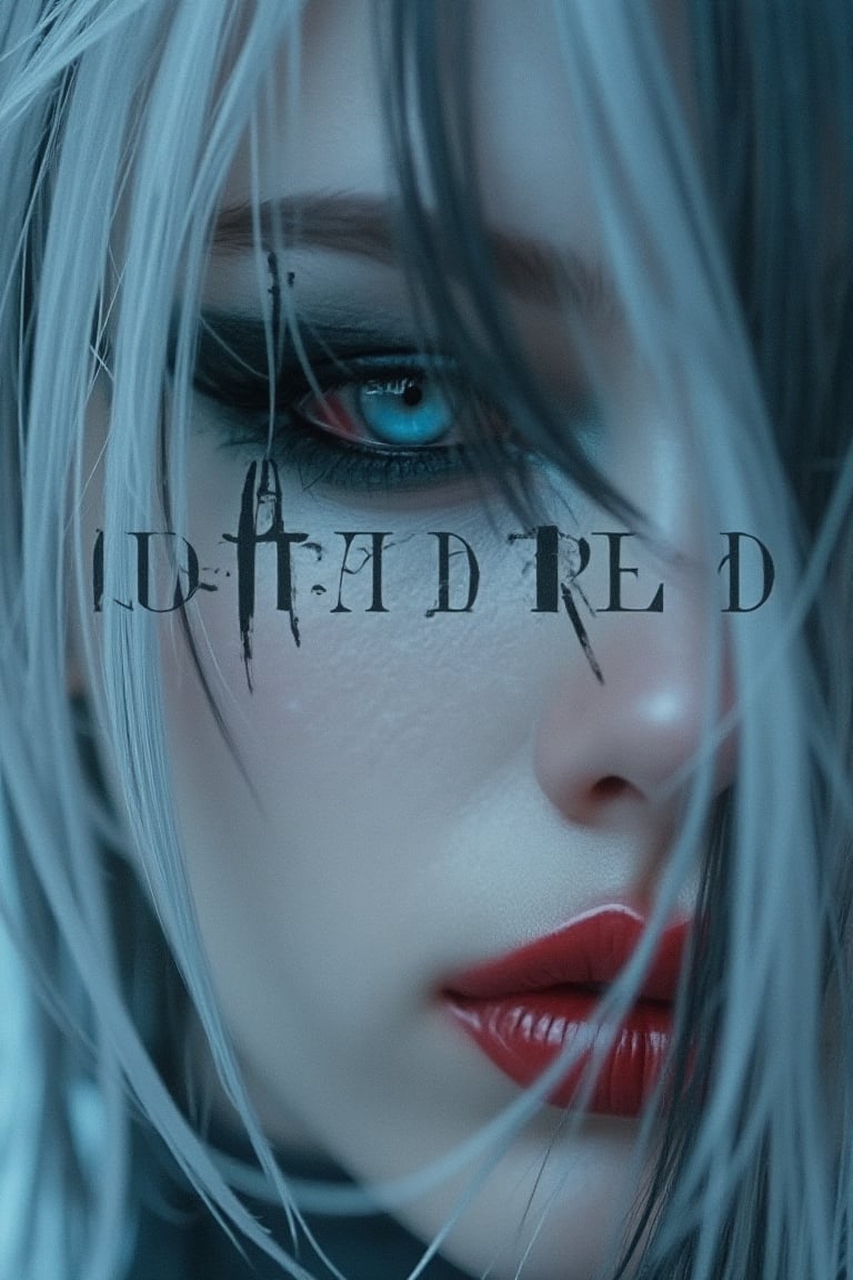 Typography art and style,text word "GOTHIC" in black,ultra fine close up semi realistic potrait of beatiful malay anime girl face ,a touch of gothic style make up,red lips,her right eye covered by white and grey long hair,her left  eye,thin black eyeliner,blue eyeball,lost face gesture,bokeh,soft blue hues,extreme close up,hyper detailed,MYtypography,typography,art and style