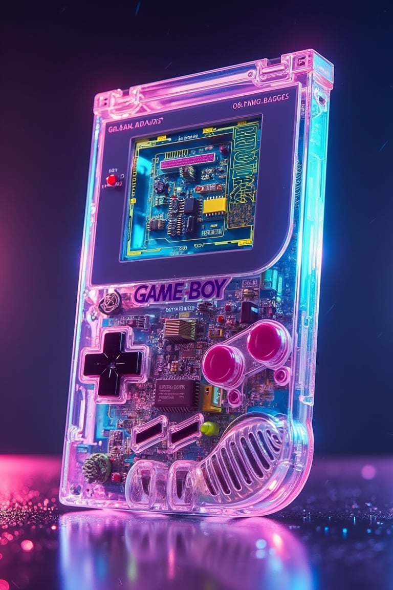 Transparent clear plastic Game Boy iPhone 15 wallpaper with vibrant interior parts in UHD, 8k resolution. The detailed aesthetic features a colorful display of internal components, creating a visually striking and nostalgic backdrop.