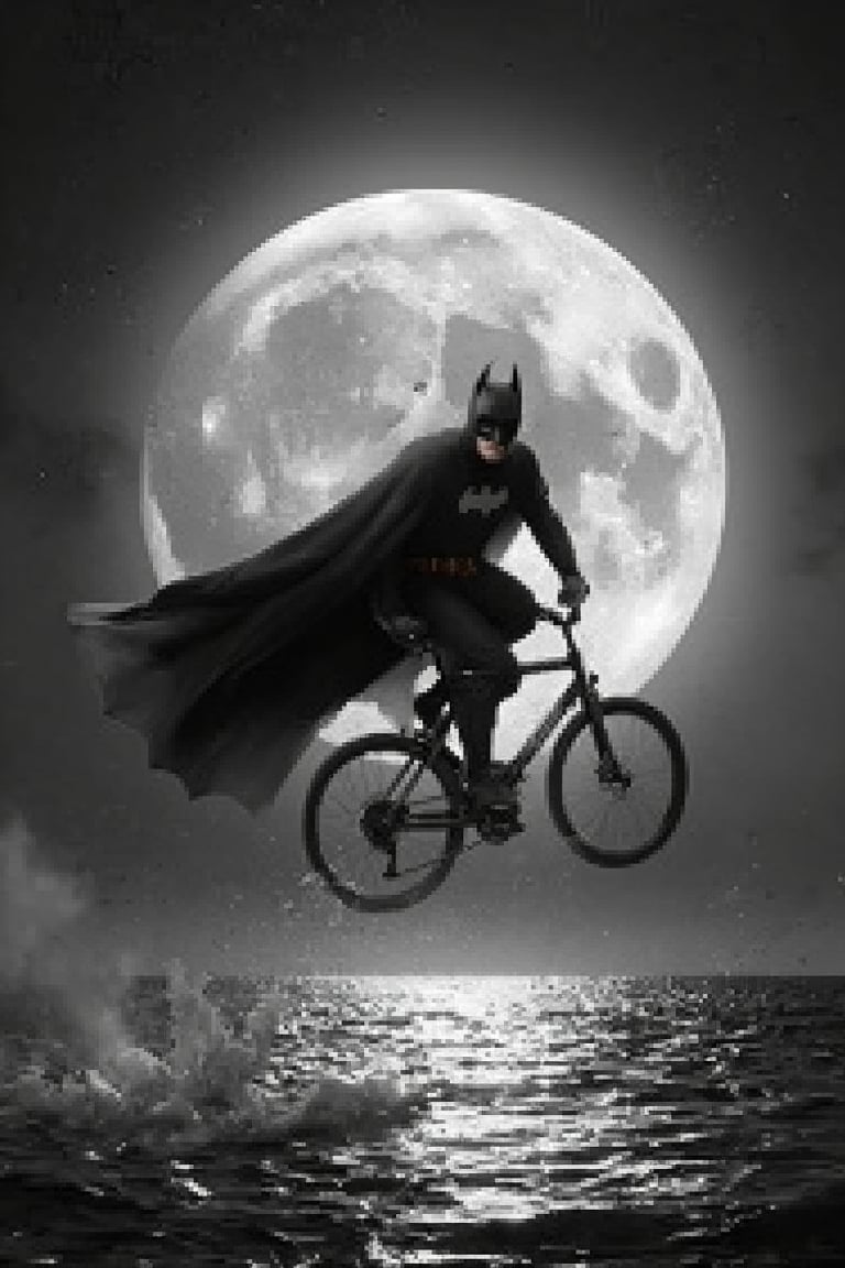 FULL MOON,MYtypography,art and style, inspired by E.T movie scene,text word in holloween font "BATMAN"-BATMAN with his bicycle flying over the full moon, in the sea. black and white photography,It is a simple composition