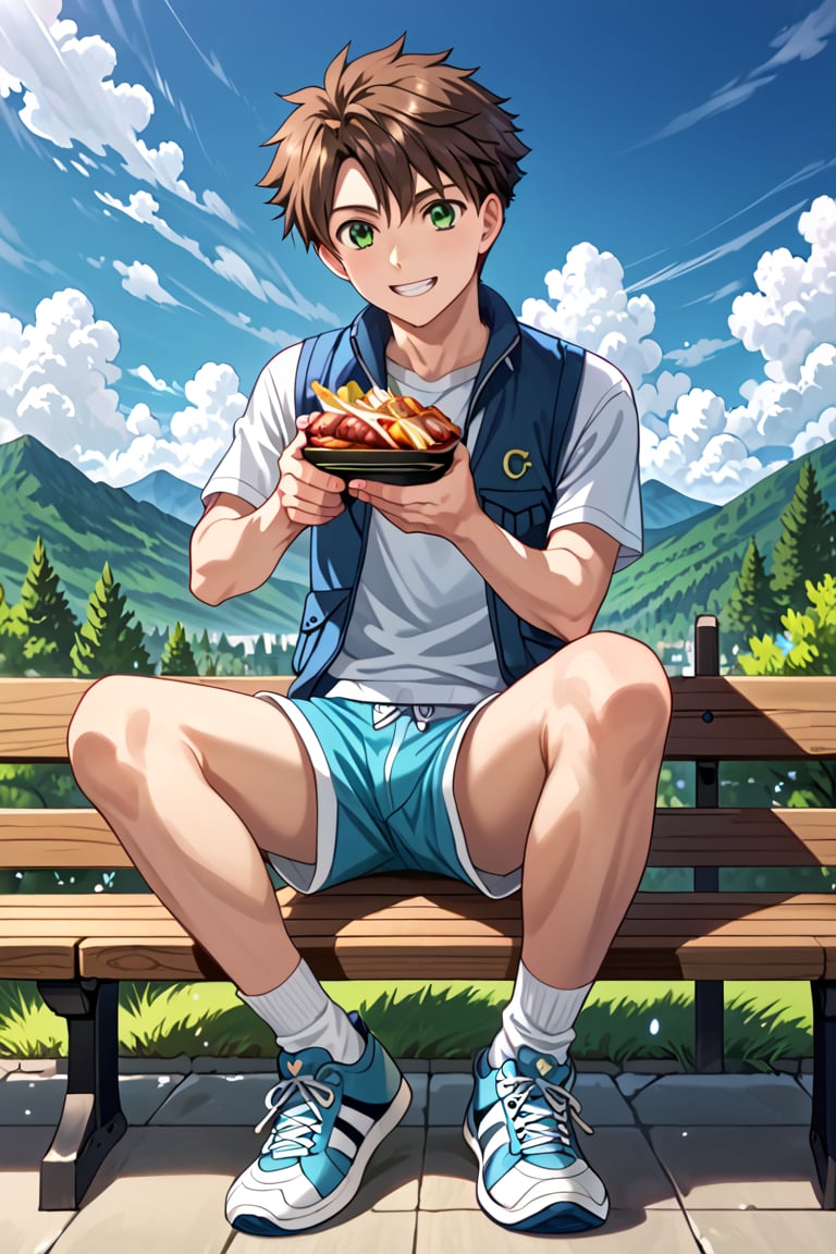 Score_8_up,score_7_up,Expressive,Masterpiece,Best quality,Best aesthetics,Perfect anatomy,Perfect proportions,High resolution,Good colors,Bright skin,Good shadows,Good eyes,Counter shading,Detailed background,BREAK,male focus,male,Aoba_Watase,short hair,brown hair,green eyes,BREKA,rated safe,daytime,natural light,male focus,full body 3D realistic lady (loli),looking at viewer,holding,sitting,vest , outdoor, food, multiple boys, sky, shorts on, adjustable socks, gray gym shorts, white ankle socks and crew socks, blue sneakers, traces, boxer briefs, underwear visible, adjustable underwear, teeth, sky, clouds, 2boys, tree, blue sky, siblings, cloudy sky, vest random color, mountain, bench, summer, barbecue, motion blur, motion lines, detailed skin texture, anatomical learning accuracy, relaxed pose, natural Interior lighting, soft shadows, casual expressions, dynamic angles, high-resolution rendering, anatomical details, dynamic angles, motion blur, speed lines, realistic anatomy photorealism, photorealism, high detail, **highest Quality Textures, Detailed Lighting, Dramatic Lighting, High Resolution, 8K Resolution, Natural Skin Textures, Soft Shadows, Ambient Lighting, Sharp Details, Fine Skin Pores, 100% Skin Textures, Subtle Facial Expressions, Happy, Calm mood, realistic style