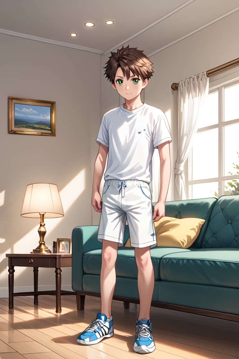 Score_8_up,score_7_up,Expressive,Masterpiece,Best quality,Best aesthetics,Perfect anatomy,Perfect proportions,High resolution,Good colors,Bright skin,Good shadows,Good eyes,Counter shading,Detailed background, BREAK, male focus, male, Aoba_Watase, short hair, brown hair, green eyes, BREKA, rated safe, daytime, natural light, male focus, full body 3D realistic wife (loli), solo, looking at the audience, shirt, 1boy, Closed mouth, standing, white shirt, short sleeves, shorts, indoor, pillow, bond, sofa, white shorts, lamp, boy full body, high quality rendering, photorealistic, fantasy photo quality, realistic body proportions, motion blur , Motion Lines, Detailed Skin Texture, Anatomical Learning Accuracy, Relaxed Poses, Natural Interior Lighting, Soft Shadows, Casual Expressions, Dynamic Angle, High Resolution Rendering, Anatomical Details, Dynamic Angle Motion Blur, Speed ​​Lines , Daytime, Realistic Anatomy Photorealistic, Photorealistic, High Detail, **High Quality Textures, Detailed Lighting, Dramatic Lighting, High Resolution, 8K Resolution, Natural Skin Textures, Soft Shadows, Ambient Lighting, Sharp details, fine skin pores, 100% skin texture, subtle facial expressions, outdoor natural environment, happy, calm mood, realistic style,