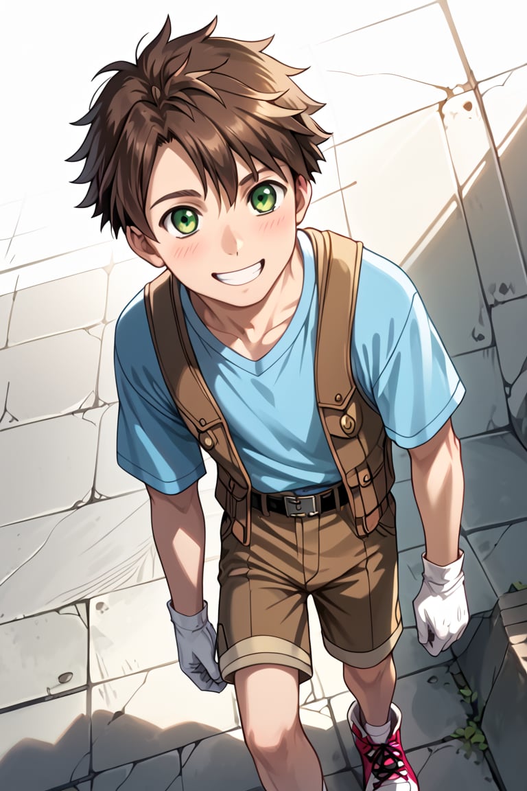 Score_8_up,score_7_up,Expressive,Masterpiece,Best quality,Best aesthetics,Perfect anatomy,Perfect proportions,High resolution,Good colors,Bright skin,Good shadows,Good eyes,Counter shading,Detailed background, BREAK, male focus, male, Aoba_Watase, short hair, brown hair, green eyes, BREKA, rated safe, daytime, natural light, male focus, full body 3D realistic wife (loli), smile, shirt, gloves, 1boy, white background , shoes, shorts, belt, pants, white gloves, vest, arms, blue shirt, sneakers, brown shorts, high quality rendering, photorealism, fantasy photo quality, realistic body proportions, motion blur, motion lines, Detailed skin textures, anatomical learning accuracy, relaxed poses, natural indoor lighting, soft shadows, casual expressions, dynamic angles, high-resolution rendering, anatomical details, dynamic angles" motion blur, speed lines, daytime, photorealistic Anatomy Photorealistic, Photorealistic, High Detail, **High Quality Textures, Detailed Lighting, Dramatic Lighting, High Resolution, 8K Resolution, Natural Skin Texture, Soft Shadows, Ambient Lighting, Sharp Details, Fine skin pores, *skin texture, subtle facial expressions, outdoor natural environment, happy, calm mood, realistic style,