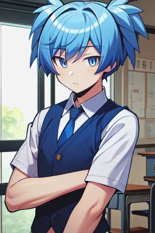 masterpiece, best quality, high quality, 1boy, solo, male focus, looking at viewer, upper body, , shiota_nagisa, blue hair, blue eyes, school uniform, shirt, necktie, vest, short twintails